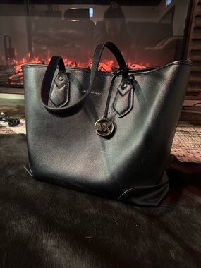 Michael Kors Black Saffiano Leather Tote with Gold MK Charm